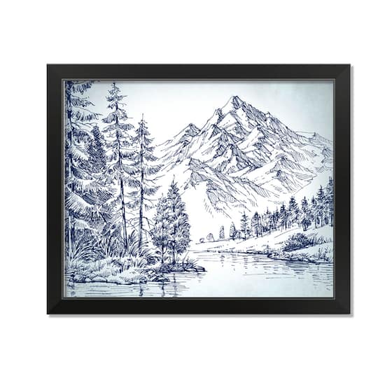 20&#x22; Mountain Forest Drawing Framed Wall Art